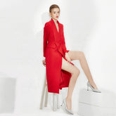 Red V-neck Professional Shirt Dress - FashionByTeresa